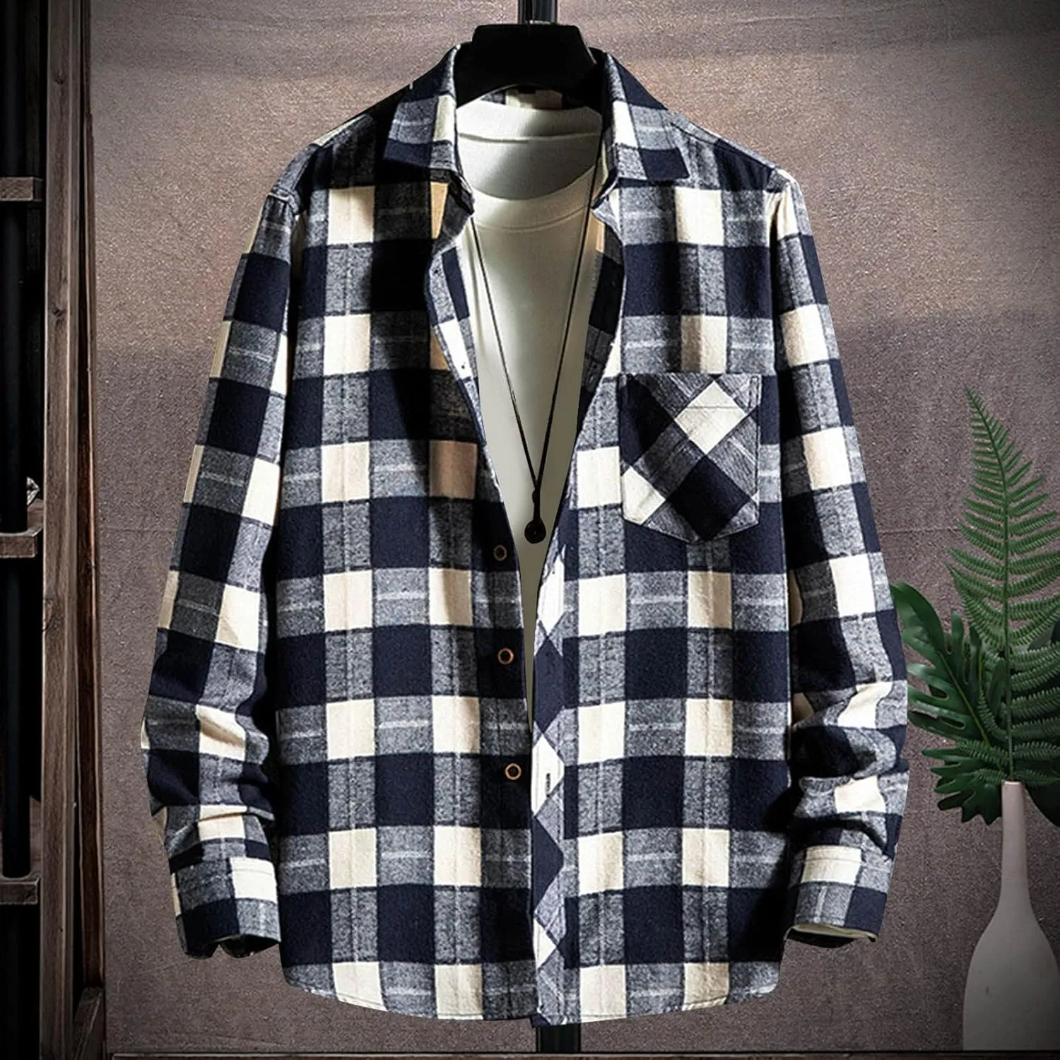 LCMTWX Men's Cotton Plaid Shirts Jacket Printing Lightweight Breathable Long Sleeve Lapel Formal Fleece Lined Flannel