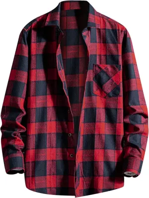 LCMTWX Men's Cotton Plaid Shirts Jacket Printing Lightweight Breathable Long Sleeve Lapel Formal Fleece Lined Flannel