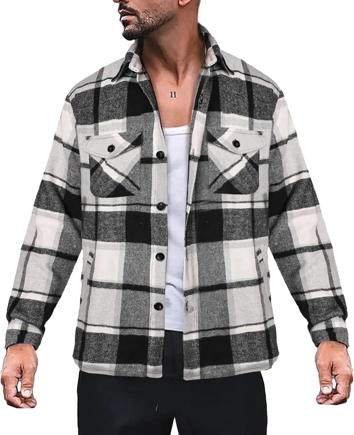 LCMTWX Men's Plaid Hooded Shirts Pullover Sweatshirt Jacket Button Collar Warm Sweater Coat Lined Hooded Plaid Shirt Soft
