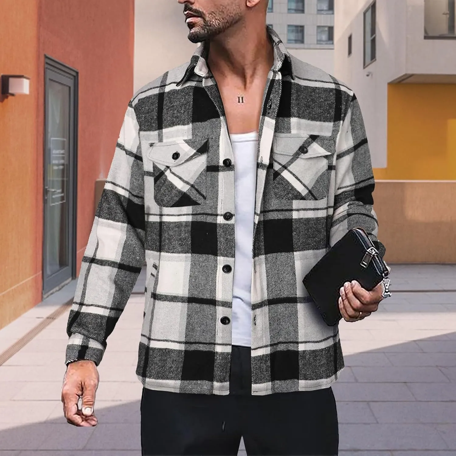 LCMTWX Men's Plaid Hooded Shirts Pullover Sweatshirt Jacket Button Collar Warm Sweater Coat Lined Hooded Plaid Shirt Soft