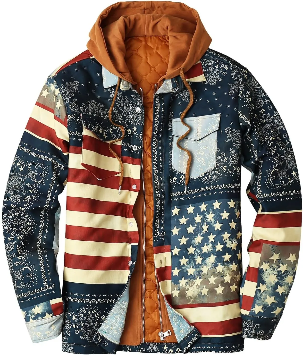 LCMTWX Winter Coat Men Plaid Winter Stripe Print Hooded Zipper Pocket Long Sleeve Shirt Men Plus Size Big&Tall Mens Coat