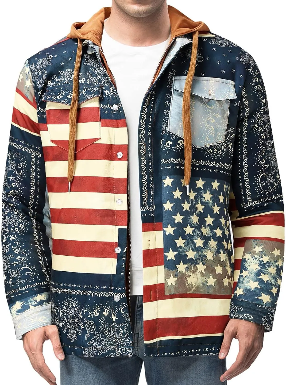 LCMTWX Winter Coat Men Plaid Winter Stripe Print Hooded Zipper Pocket Long Sleeve Shirt Men Plus Size Big&Tall Mens Coat