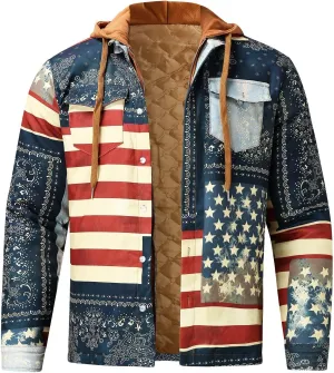LCMTWX Winter Coat Men Plaid Winter Stripe Print Hooded Zipper Pocket Long Sleeve Shirt Men Plus Size Big&Tall Mens Coat