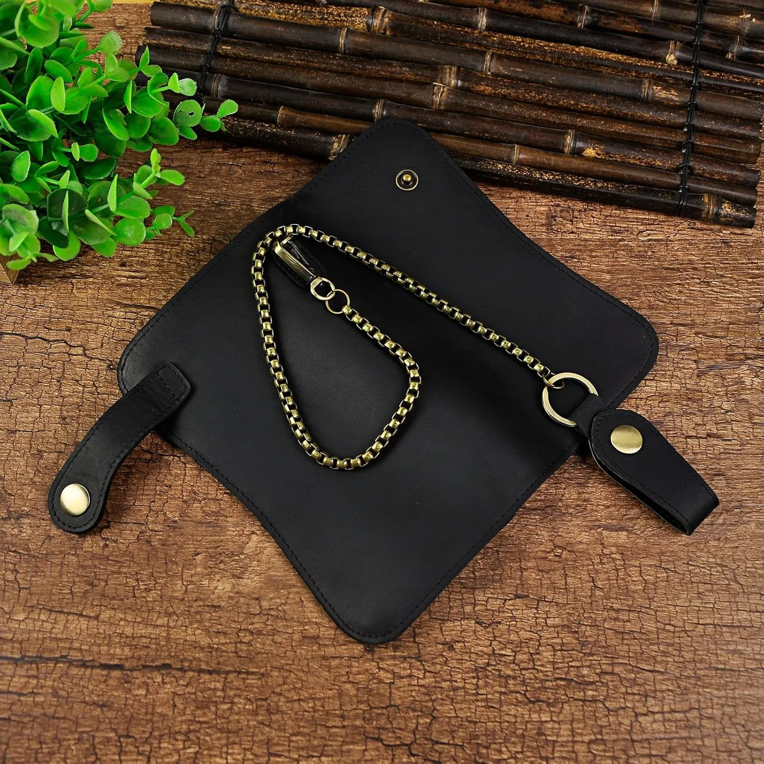 Le'aokuu Mens Genuine Leather Bifold Wallet Organizer Checkbook Iron Chain