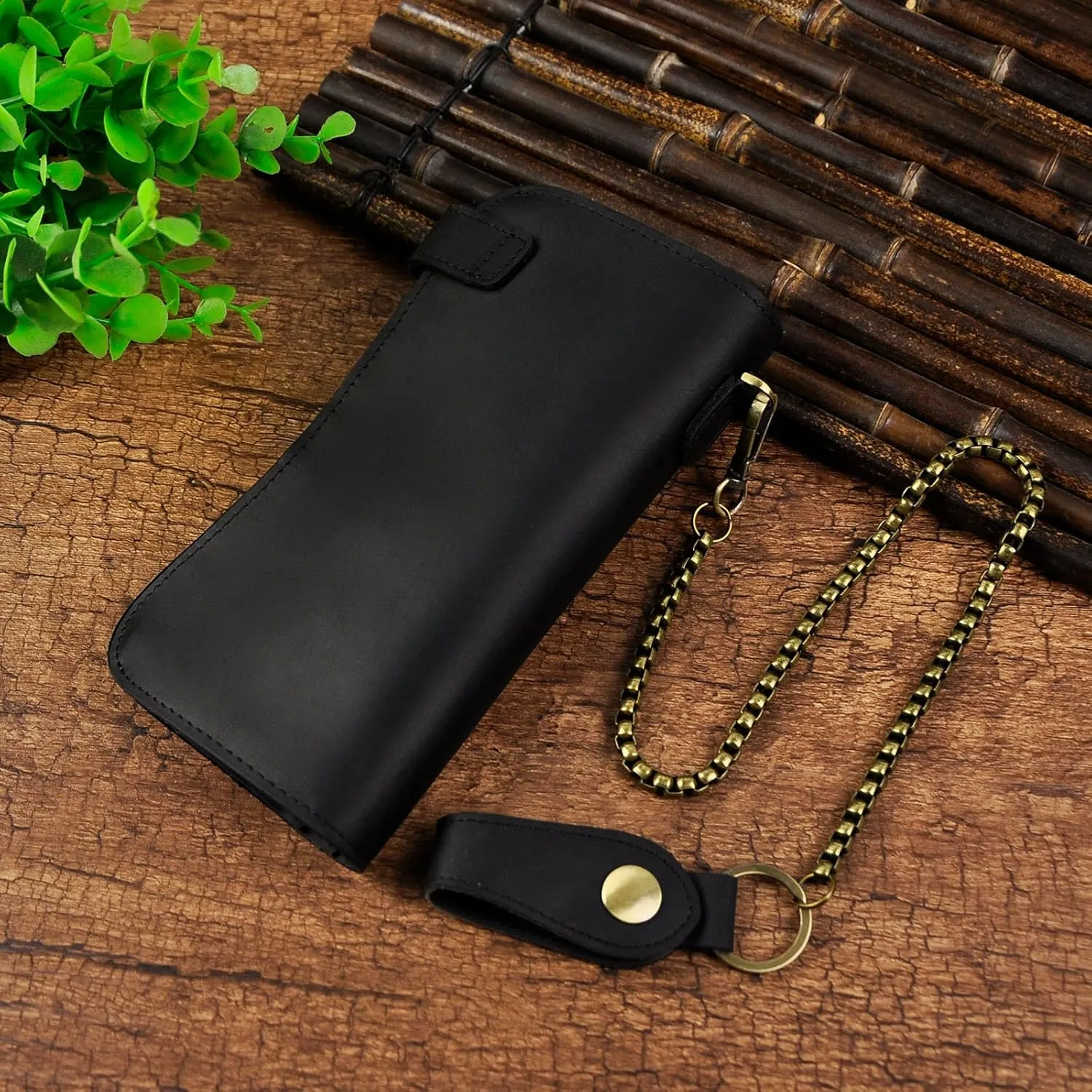 Le'aokuu Mens Genuine Leather Bifold Wallet Organizer Checkbook Iron Chain