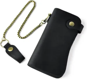 Le'aokuu Mens Genuine Leather Bifold Wallet Organizer Checkbook Iron Chain