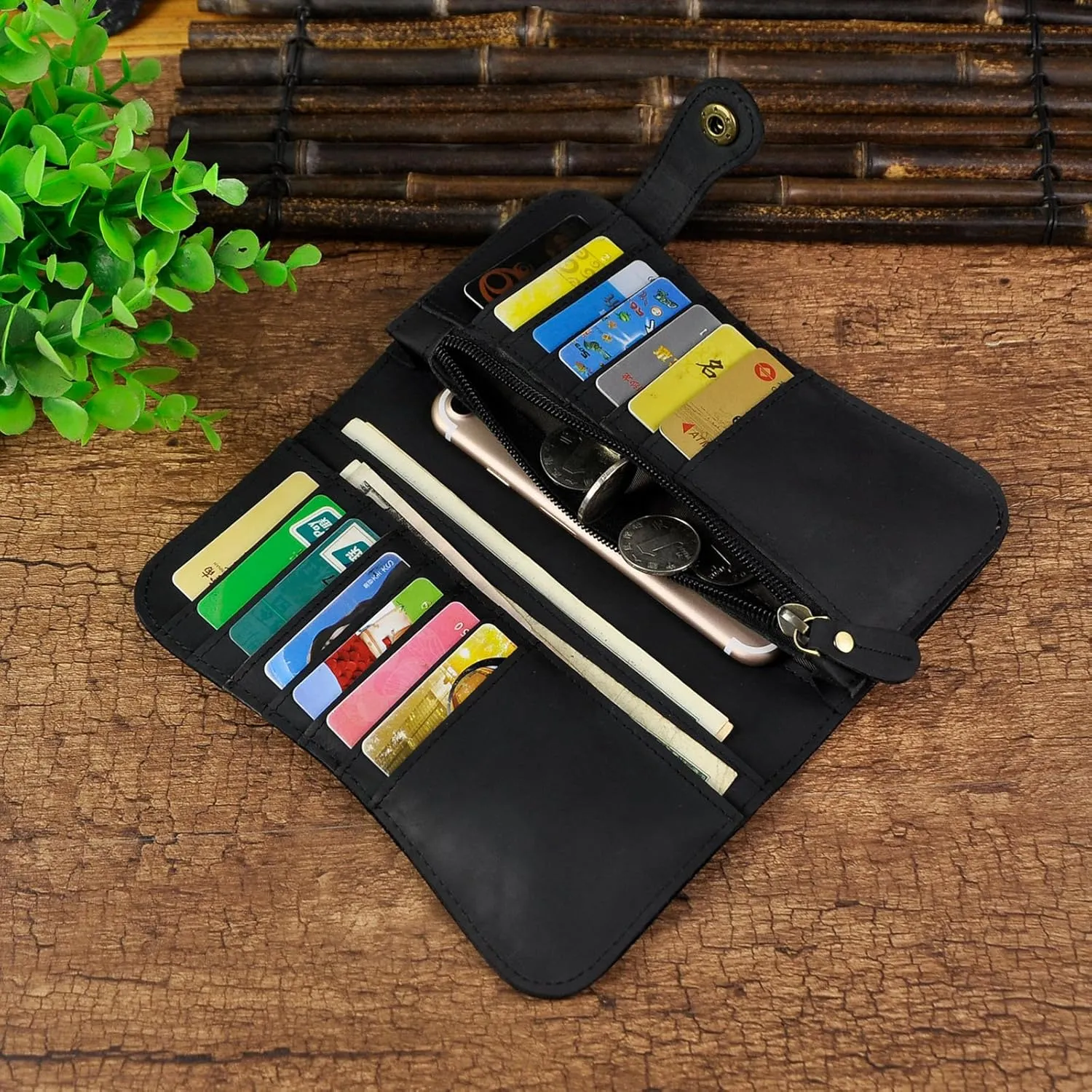 Le'aokuu Mens Genuine Leather Bifold Wallet Organizer Checkbook Iron Chain