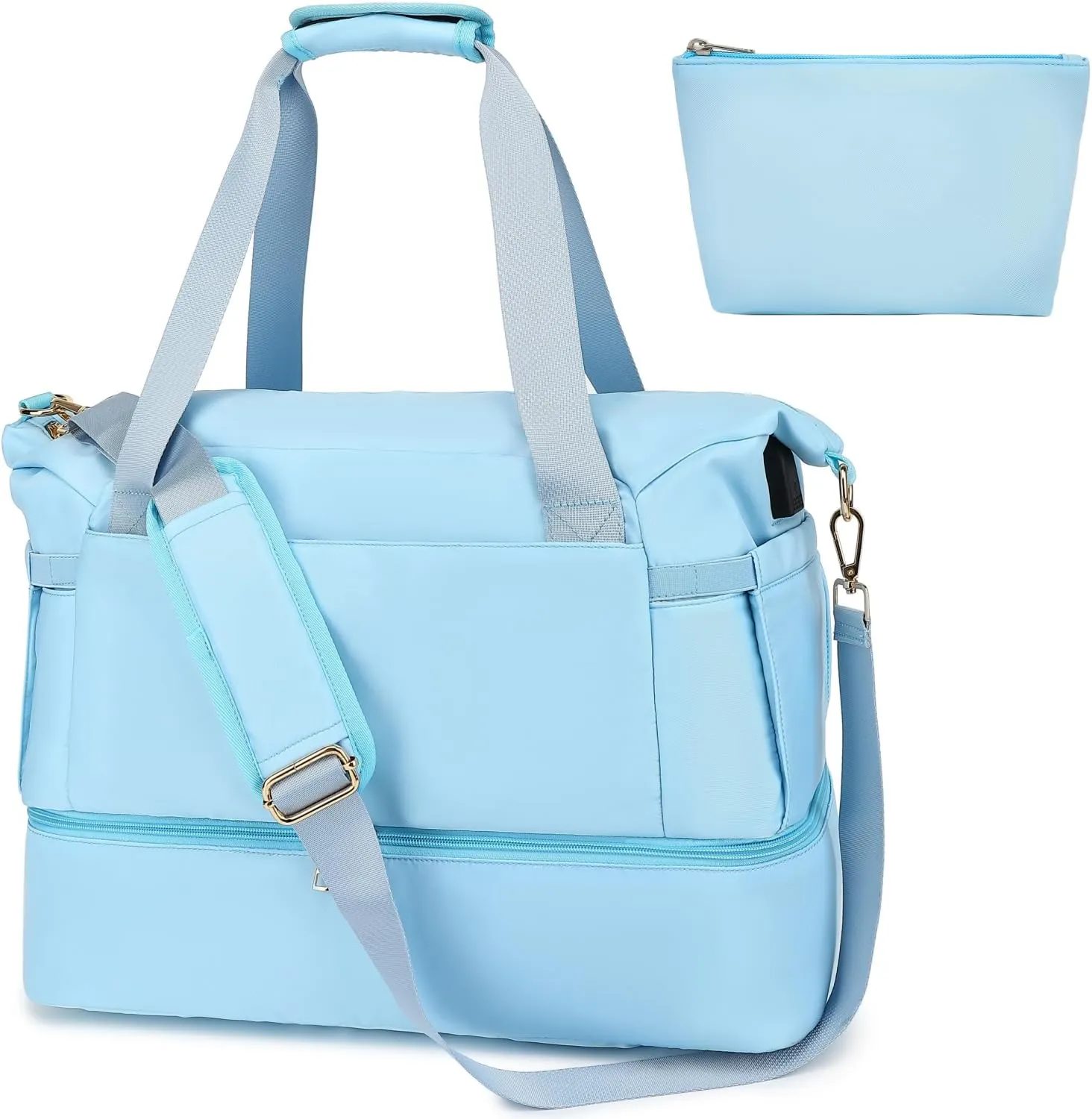 Leaper Sports Duffel Bag with Charging Port, Travel Duffle Bag Weekender Overnight Bag, Gym Bag for Women with Wet Pocket and Shoes Compartment, Yoga Crossbody Bag Handbag Blue