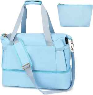 Leaper Sports Duffel Bag with Charging Port, Travel Duffle Bag Weekender Overnight Bag, Gym Bag for Women with Wet Pocket and Shoes Compartment, Yoga Crossbody Bag Handbag Blue