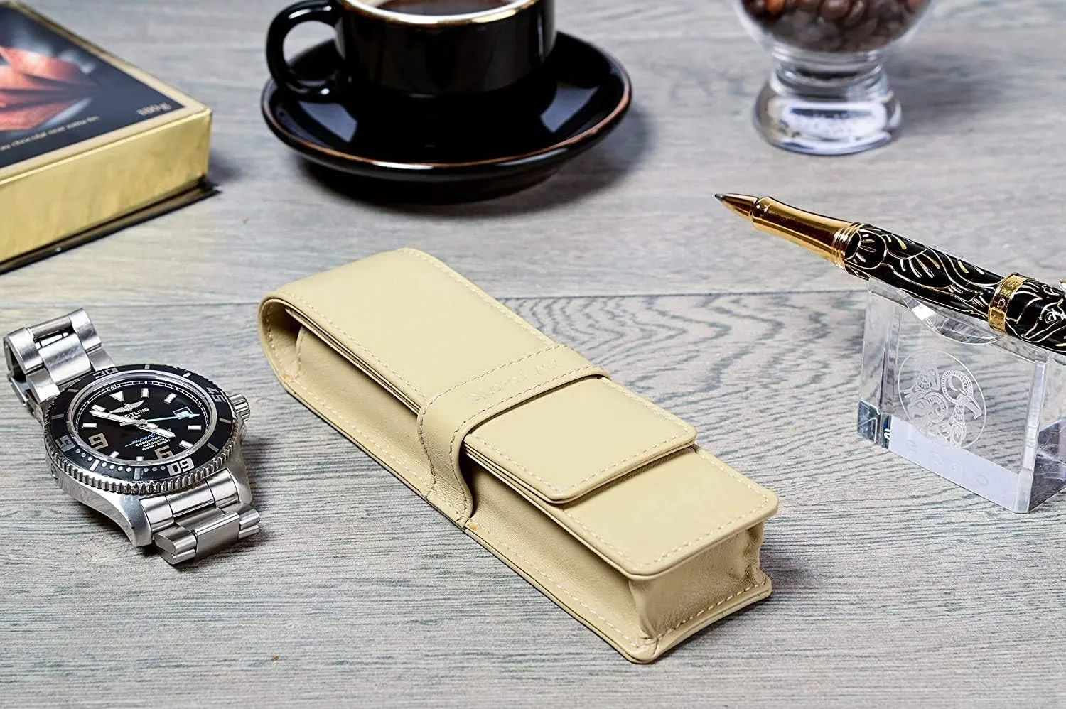 Leather Double Pen Case Pencil Pouch Holder for Two Fountain Ballpoint Rollerball Pens and Pencils