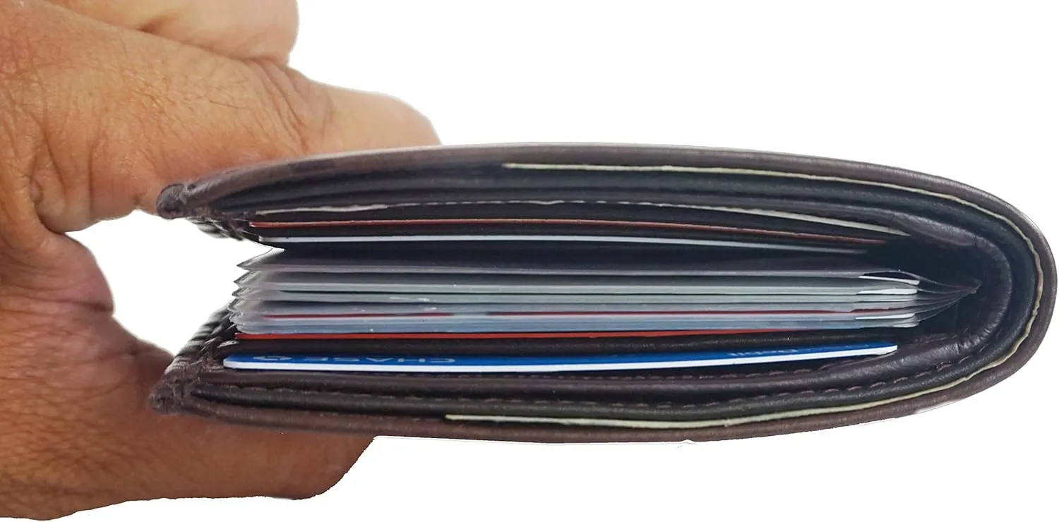 Leather European Bifold Hipster Mens Wallet With Heavy Duty Vinyl Wallet Insert (Brown)