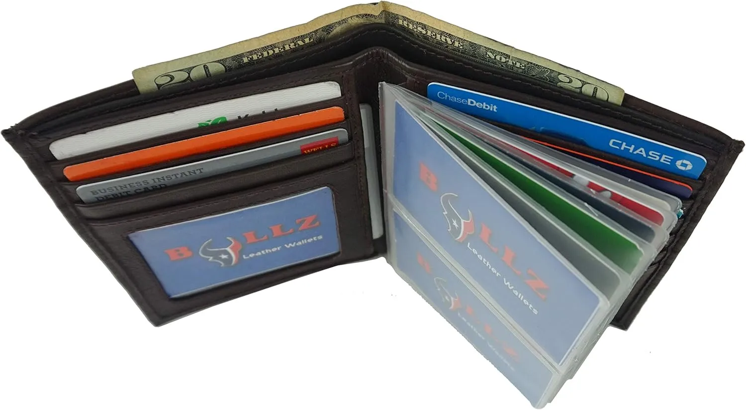 Leather European Bifold Hipster Mens Wallet With Heavy Duty Vinyl Wallet Insert (Brown)