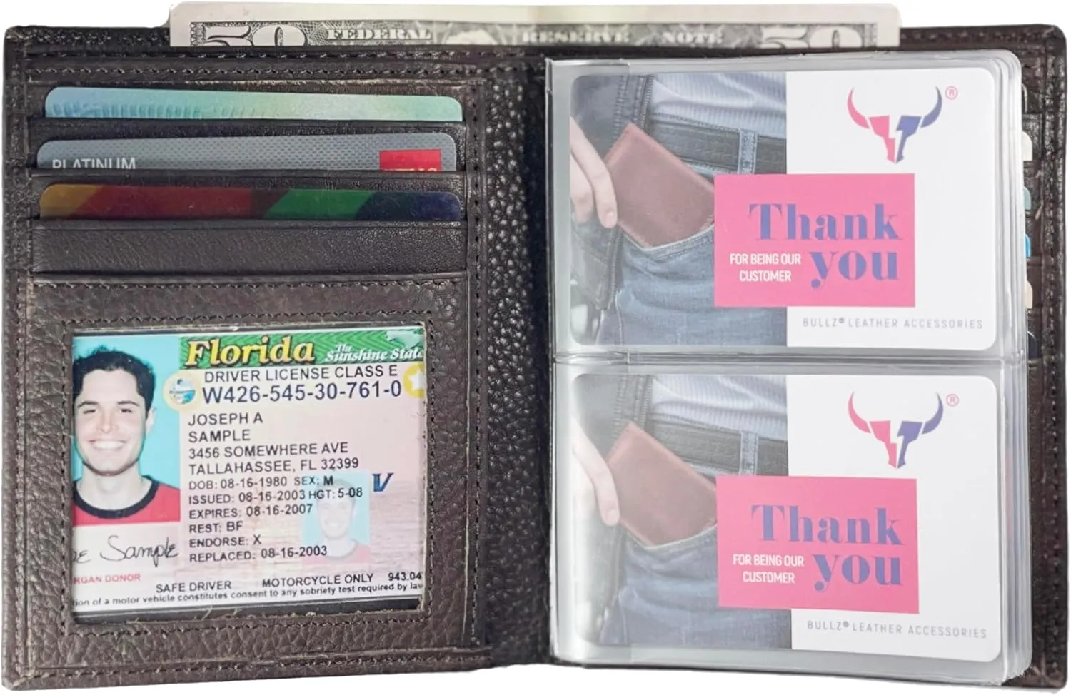 Leather European Bifold Hipster Mens Wallet With Heavy Duty Vinyl Wallet Insert (Brown)