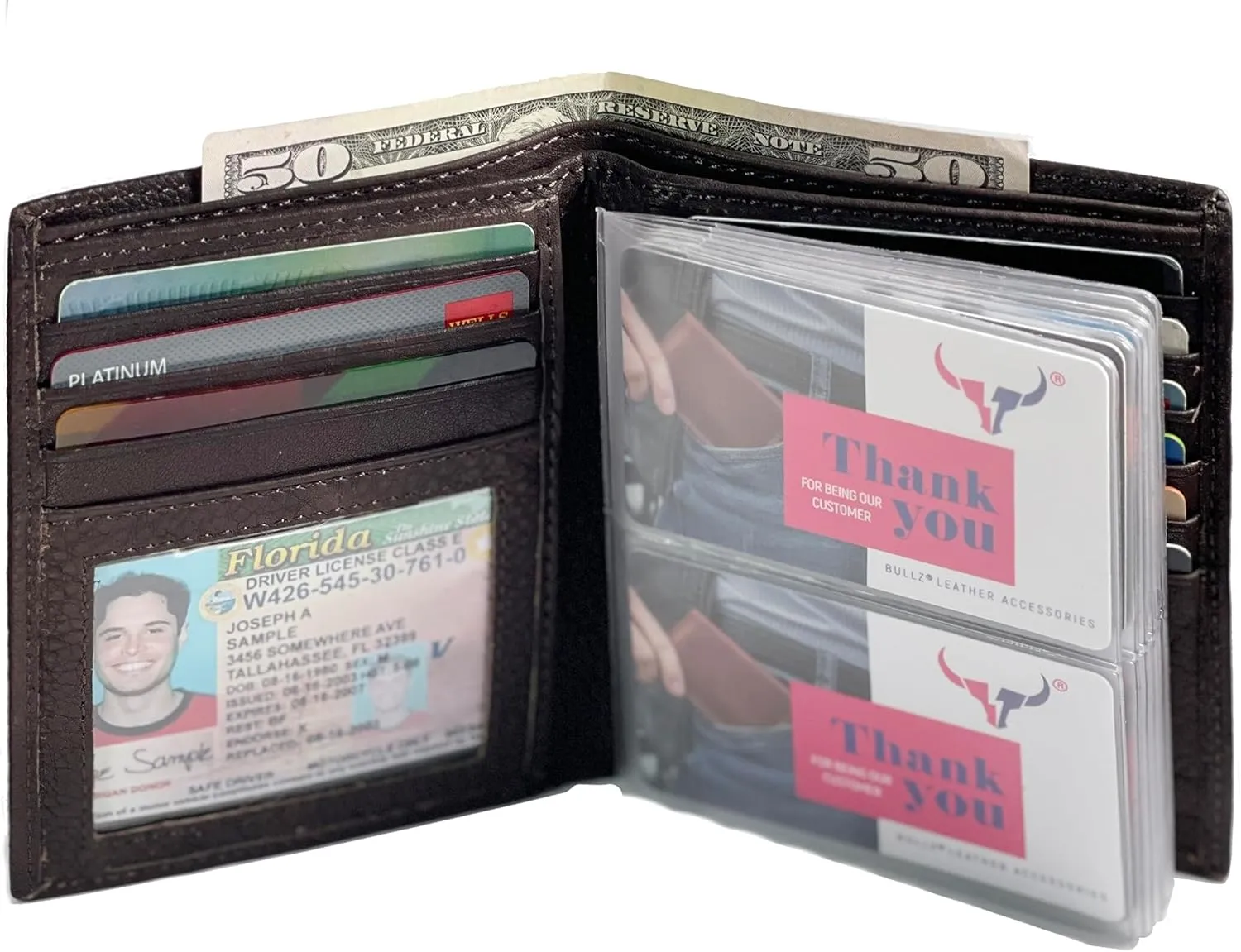 Leather European Bifold Hipster Mens Wallet With Heavy Duty Vinyl Wallet Insert (Brown)
