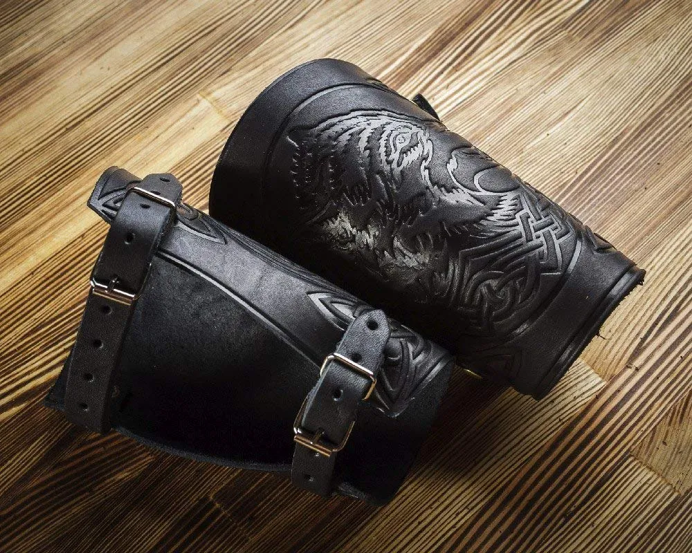 Leather Handmade Wrist Cuffs Bracers - LARP Gauntlet - Real Leather Wristbands - Viking Cosplay Armor Bracelets – Wolf Embossing Archery Armguard - Length 6" 16wuc