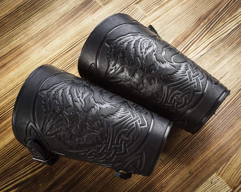 Leather Handmade Wrist Cuffs Bracers - LARP Gauntlet - Real Leather Wristbands - Viking Cosplay Armor Bracelets – Wolf Embossing Archery Armguard - Length 6" 16wuc