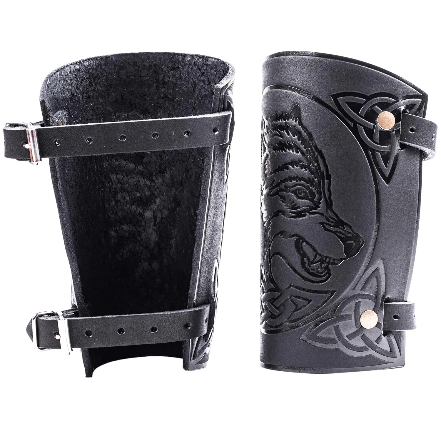 Leather Handmade Wrist Cuffs Bracers - LARP Gauntlet - Real Leather Wristbands - Viking Cosplay Armor Bracelets – Wolf Embossing Archery Armguard - Length 6" 16wuc