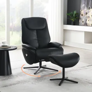 Leather Swivel Recliner with Ottoman - Black Genuine Leather Recliner Chair with 360° Rotation, Luxury Swivel Recliner Chairs with Pillow Top Arms & Tight Back, Manual Recliner Chairs for Adults