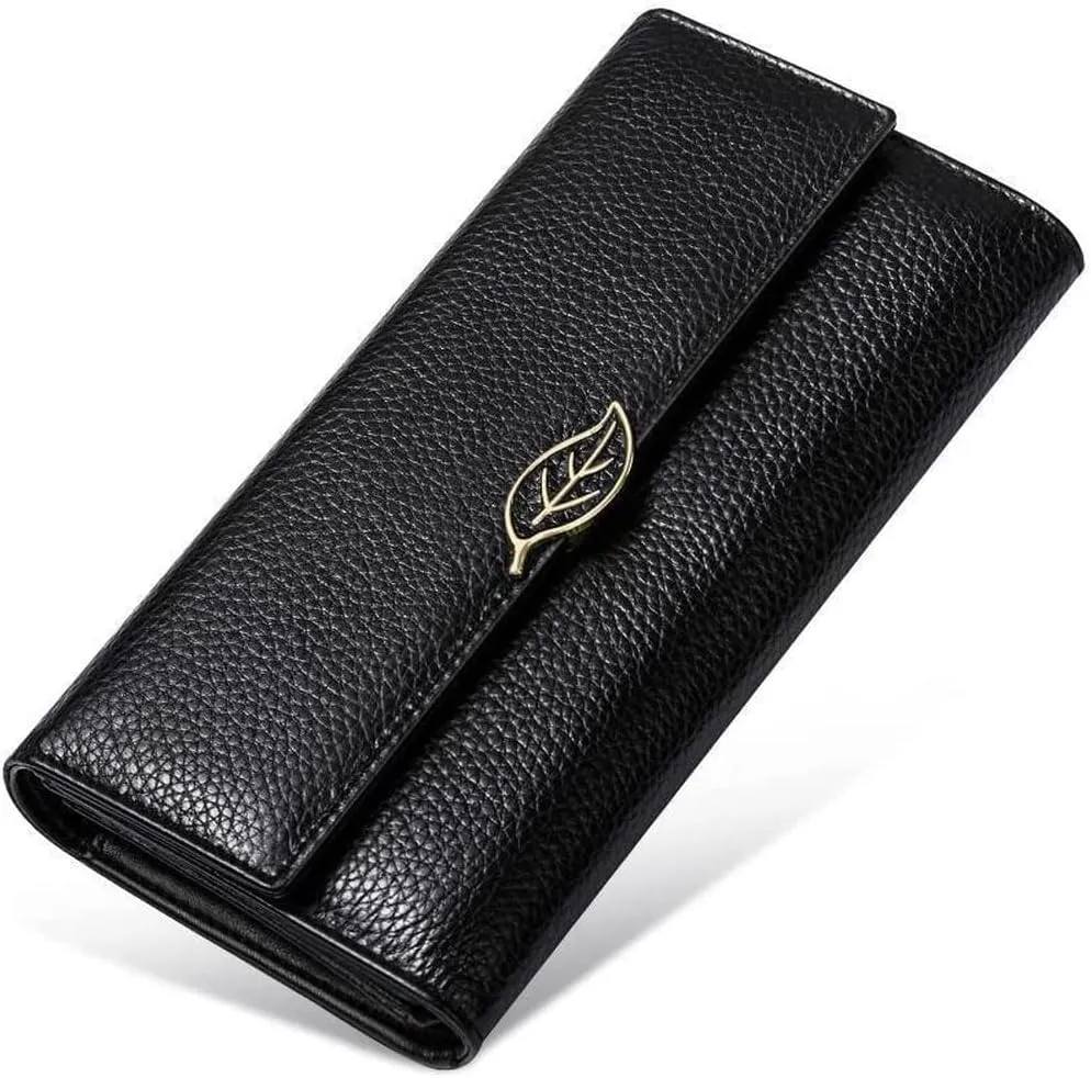 Leather Wallet Leather Women's Wallet Retro Fashion Large Capacity Purse Clutch Ladies Long Zipper Coin Pocket Card Holder Large Capacity (Black,10x19cm)