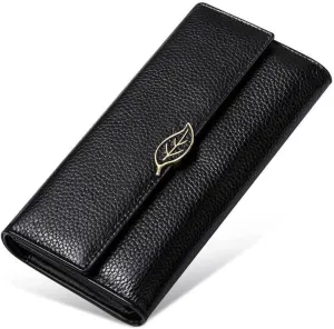 Leather Wallet Leather Women's Wallet Retro Fashion Large Capacity Purse Clutch Ladies Long Zipper Coin Pocket Card Holder Large Capacity (Black,10x19cm)