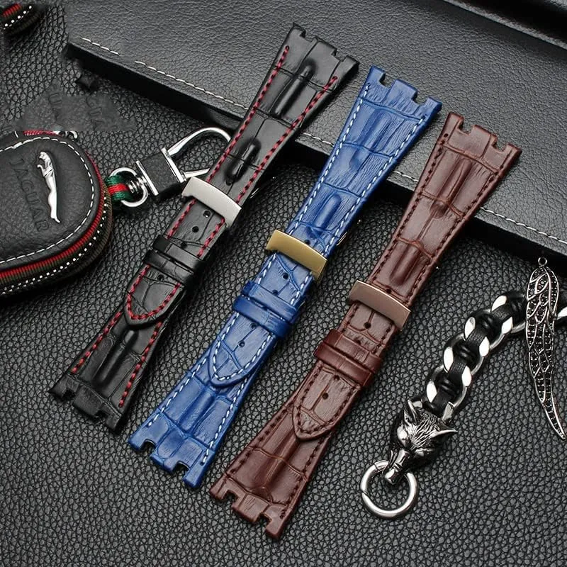 Leather Watch Band Men Suitable for AP Abbey Royal Oak AP15710 15703 Leather Notched Watch Chain 28mm (Color : 10mm Gold Clasp, Size : Gold Buckle)