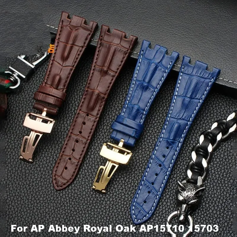 Leather Watch Band Men Suitable for AP Abbey Royal Oak AP15710 15703 Leather Notched Watch Chain 28mm (Color : 10mm Gold Clasp, Size : Gold Buckle)