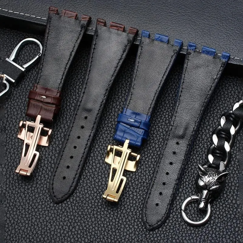 Leather Watch Band Men Suitable for AP Abbey Royal Oak AP15710 15703 Leather Notched Watch Chain 28mm (Color : 10mm Gold Clasp, Size : Gold Buckle)