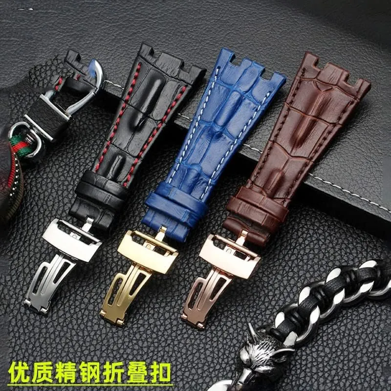 Leather Watch Band Men Suitable for AP Abbey Royal Oak AP15710 15703 Leather Notched Watch Chain 28mm (Color : 10mm Gold Clasp, Size : Gold Buckle)