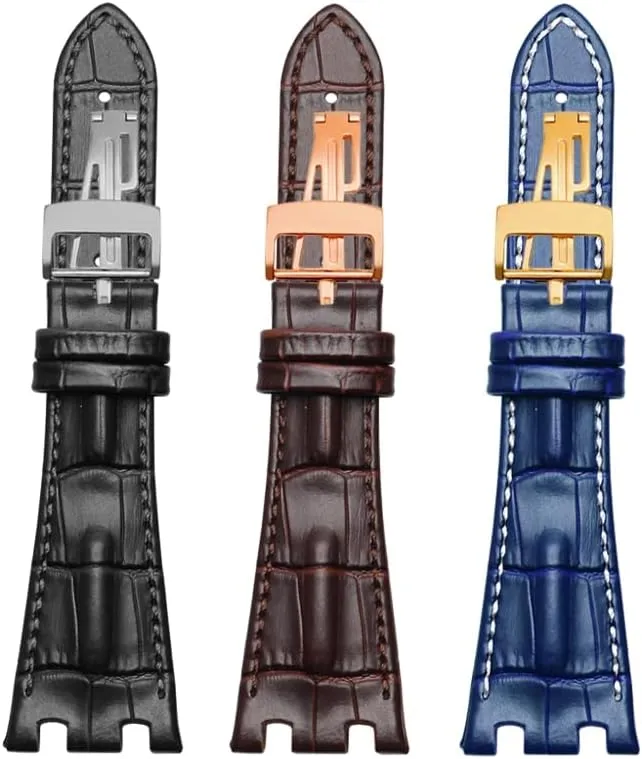 Leather Watch Band Men Suitable for AP Abbey Royal Oak AP15710 15703 Leather Notched Watch Chain 28mm (Color : 10mm Gold Clasp, Size : Gold Buckle)