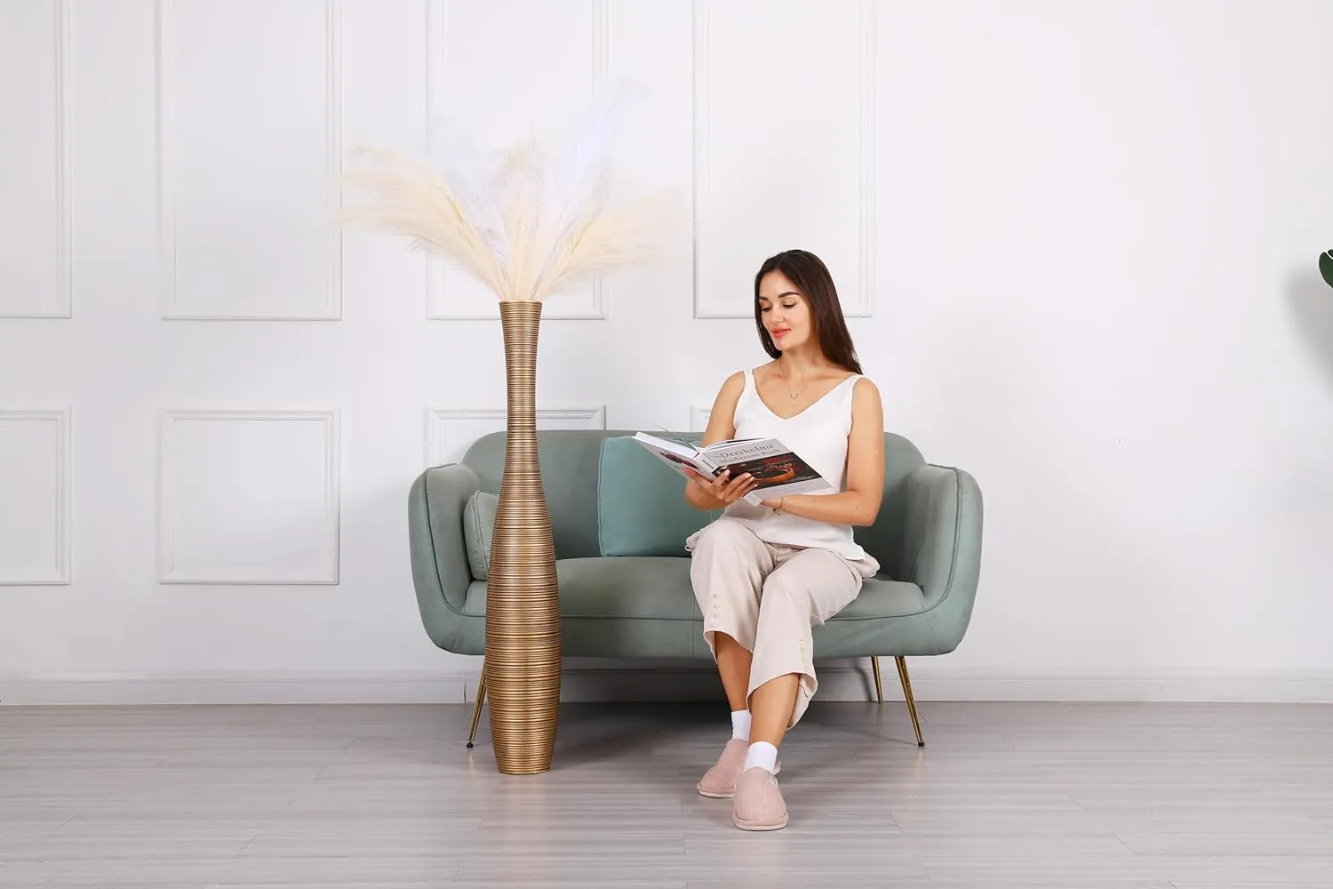 Leewadee Decorative Tall Floor Vase for Living Room Decor, 41 inches, Gold, Resin