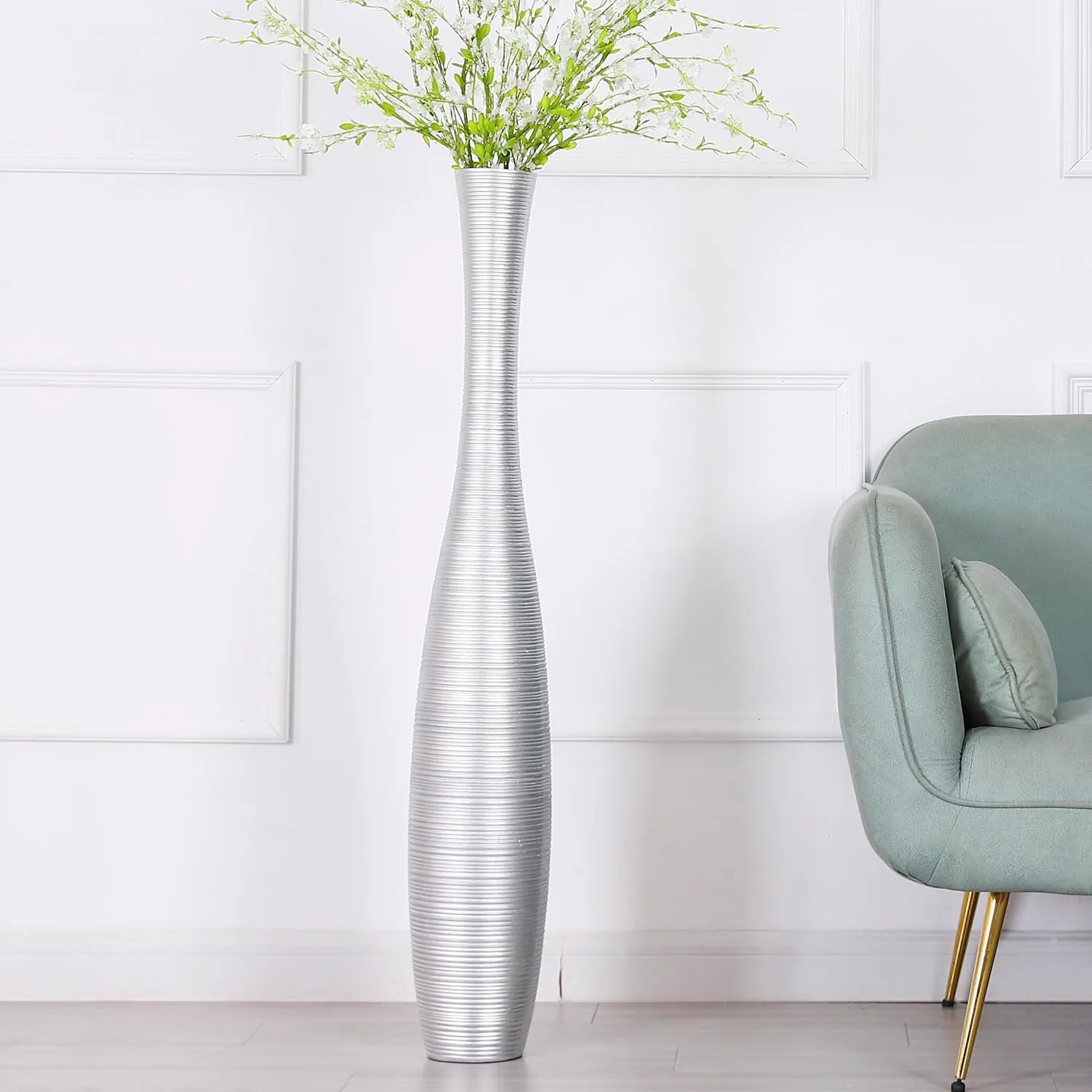 Leewadee Decorative Tall Floor Vase for Living Room Decor, 41 inches, Silver, Resin