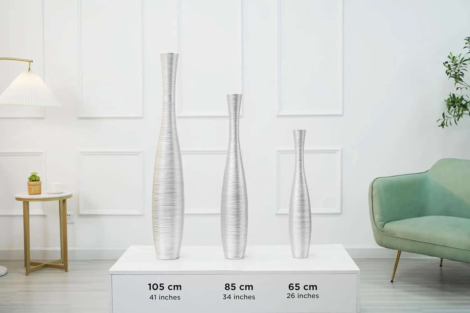 Leewadee Decorative Tall Floor Vase for Living Room Decor, 41 inches, Silver, Resin