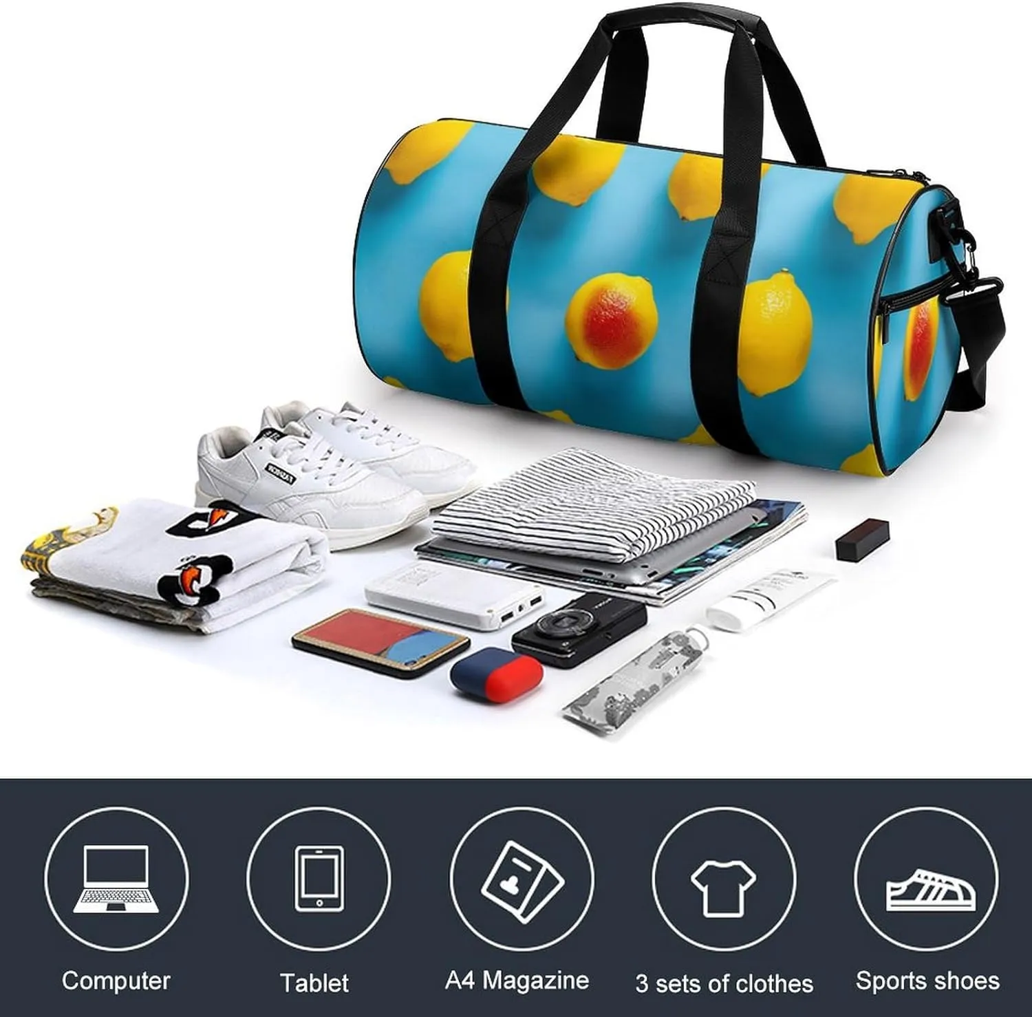 Lemons All Positioned Travel Gym Bag for Women Men One Is Red Cylindrical Duffle Bag Sport Workout Bag with Shoulder Strap
