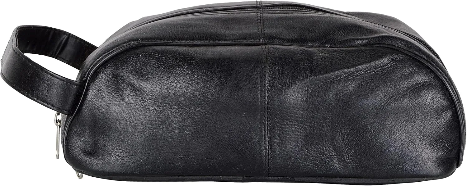Liberty Leather Black Deluxe Sheep Napa Leather Unisex Toiletry Travel Bag Bathroom Organizer/Shoe Bag for Men and Women Portable Cosmetic Case and Traveling Kit Leather Shaving Bag in Black