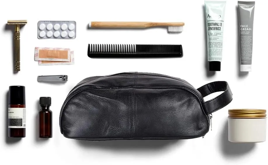Liberty Leather Black Deluxe Sheep Napa Leather Unisex Toiletry Travel Bag Bathroom Organizer/Shoe Bag for Men and Women Portable Cosmetic Case and Traveling Kit Leather Shaving Bag in Black