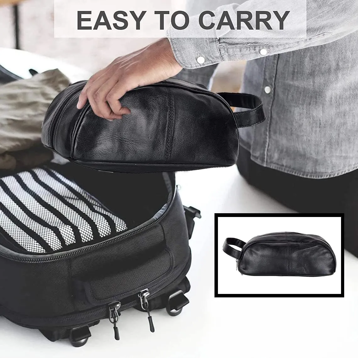 Liberty Leather Black Deluxe Sheep Napa Leather Unisex Toiletry Travel Bag Bathroom Organizer/Shoe Bag for Men and Women Portable Cosmetic Case and Traveling Kit Leather Shaving Bag in Black
