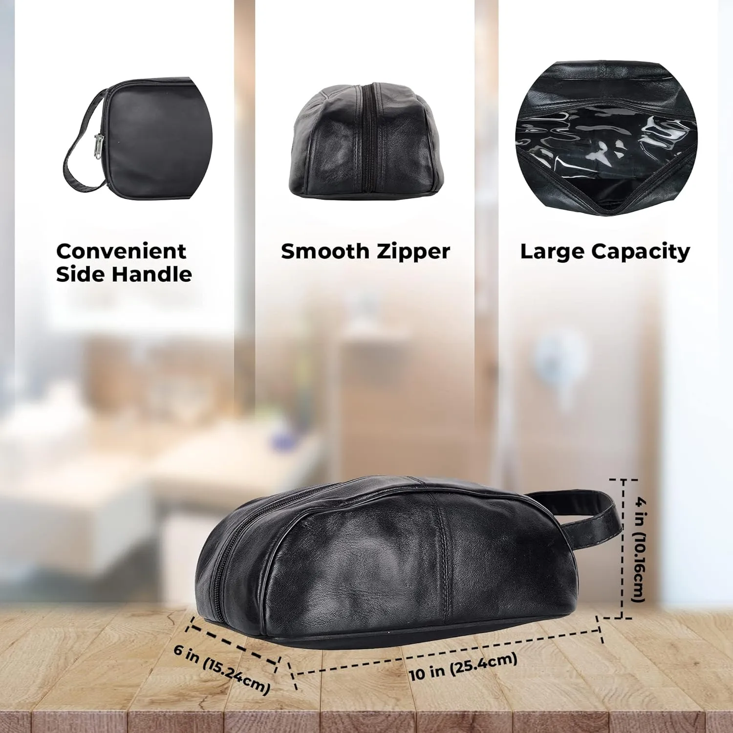 Liberty Leather Black Deluxe Sheep Napa Leather Unisex Toiletry Travel Bag Bathroom Organizer/Shoe Bag for Men and Women Portable Cosmetic Case and Traveling Kit Leather Shaving Bag in Black