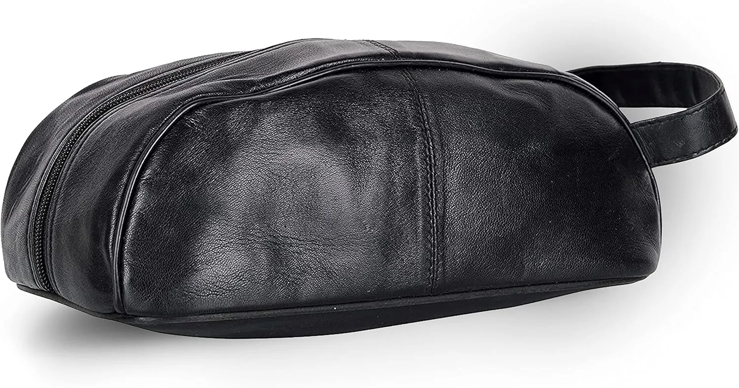 Liberty Leather Black Deluxe Sheep Napa Leather Unisex Toiletry Travel Bag Bathroom Organizer/Shoe Bag for Men and Women Portable Cosmetic Case and Traveling Kit Leather Shaving Bag in Black