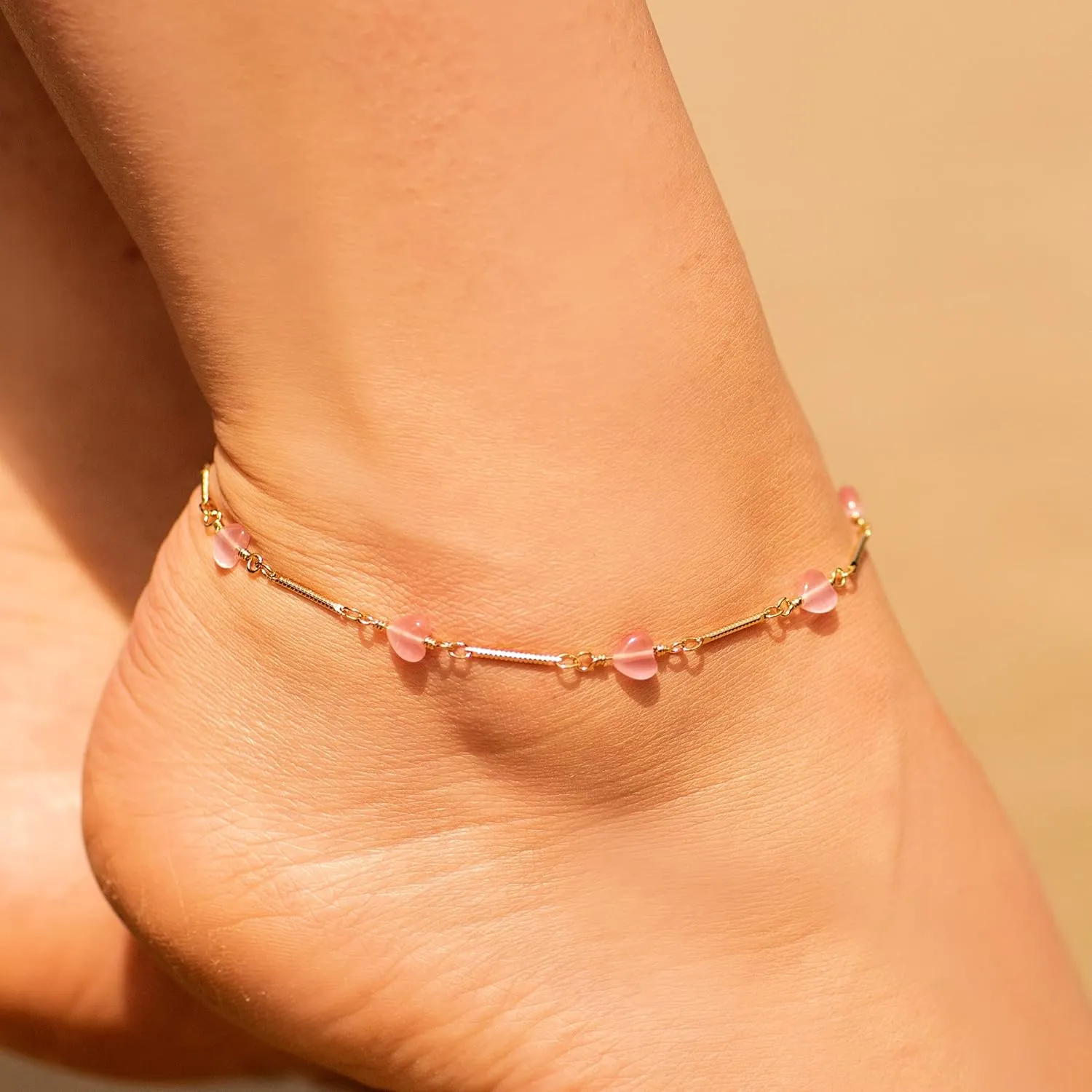 LIFETIME JEWELRY Womens Gold Anklet Pink Hearts Ankle Bracelet 24k Real Gold Plated