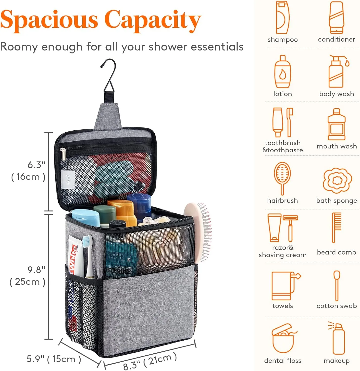 Lifewit Shower Bag Mesh Shower Caddy Portable College Dorm Room Essentials Tote Bag for Bathroom, Gym, Travel, Camping Quick Dry Hanging Shower Organizer Basket Toiletry Bag, Medium, Grey