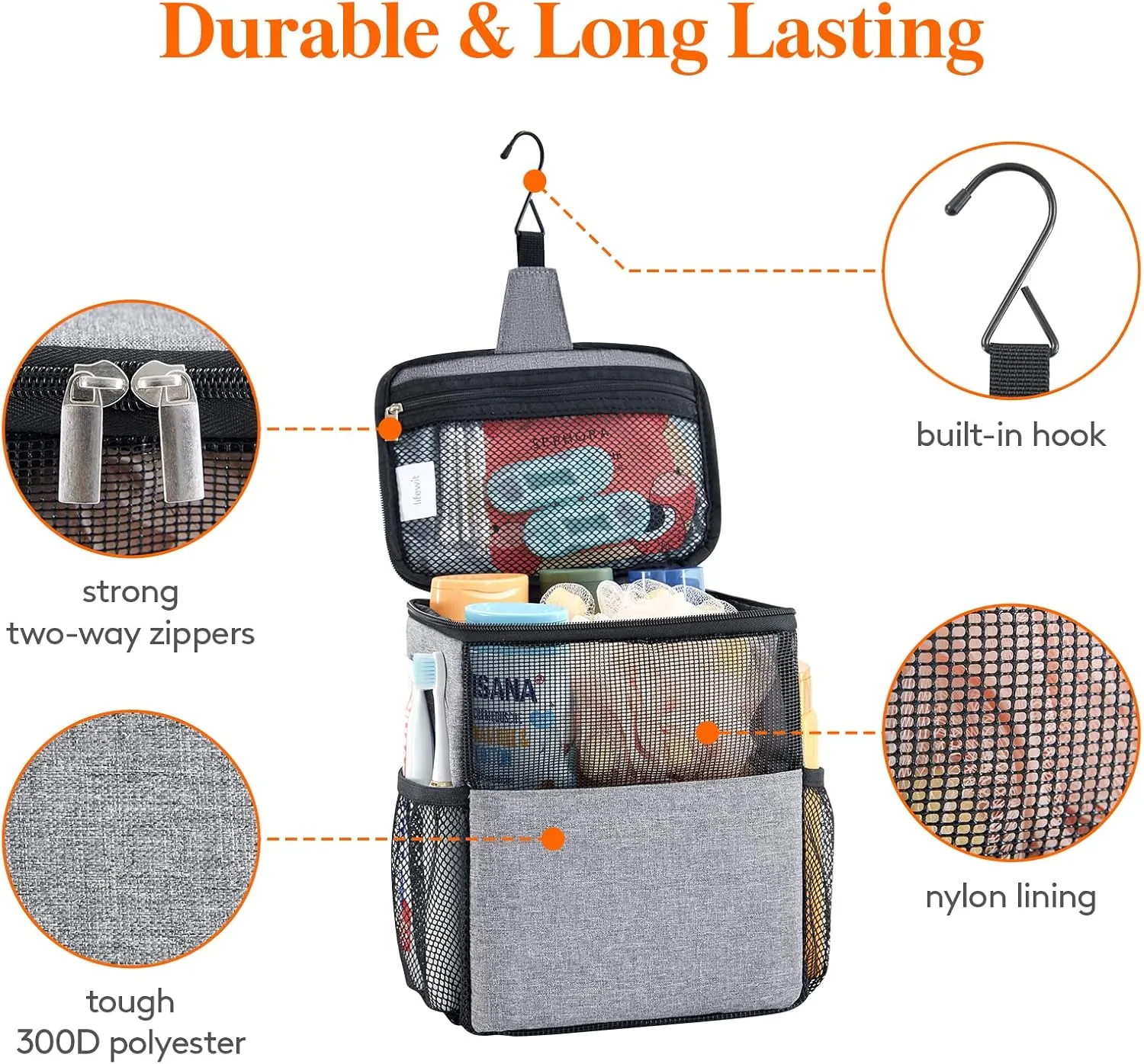 Lifewit Shower Bag Mesh Shower Caddy Portable College Dorm Room Essentials Tote Bag for Bathroom, Gym, Travel, Camping Quick Dry Hanging Shower Organizer Basket Toiletry Bag, Medium, Grey