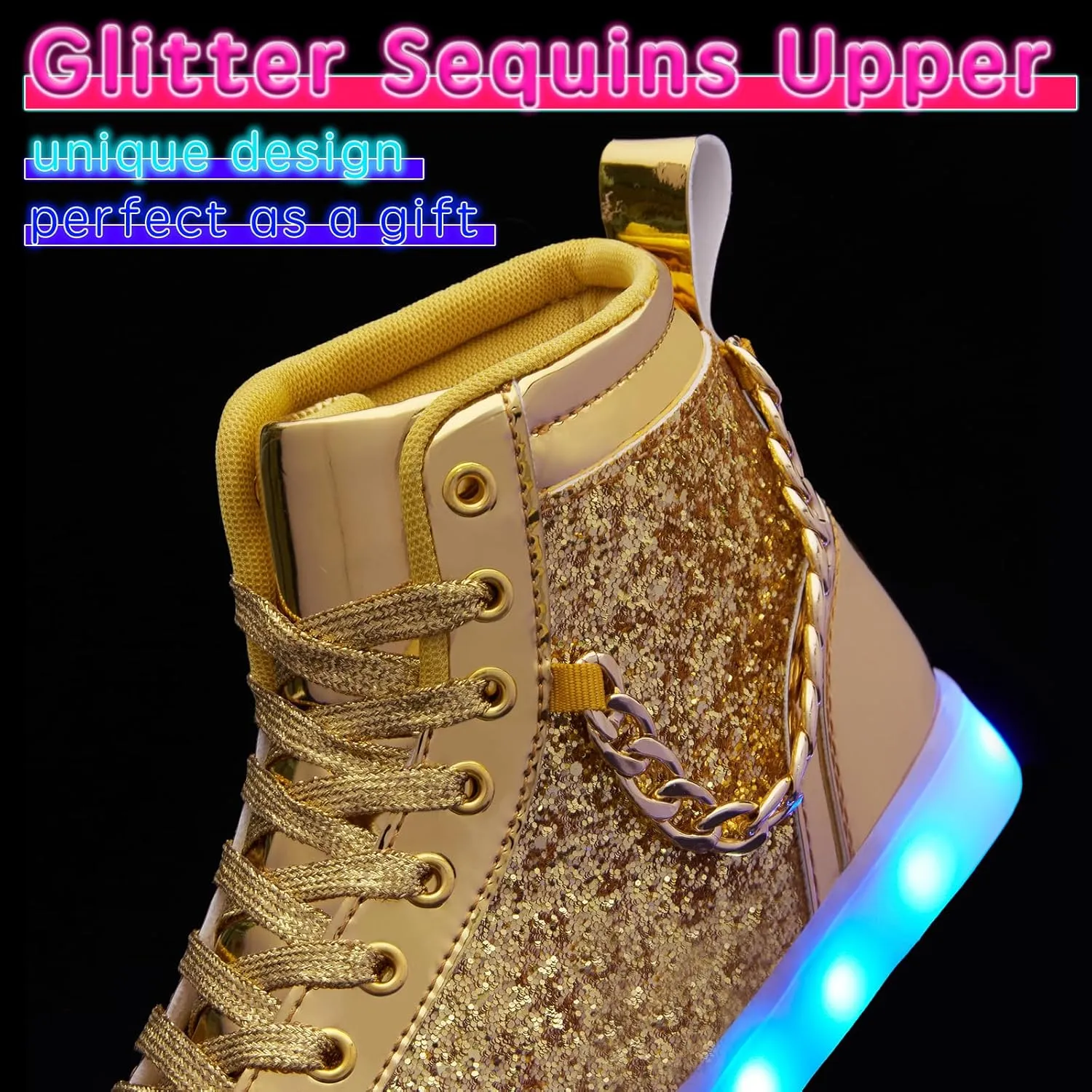 Light Up Shoes Women Men, USB Charging LED Glitter Chain Sneakers High Top Couple Dancing Shoes Halloween Glowing Flashing Luminous Trainers