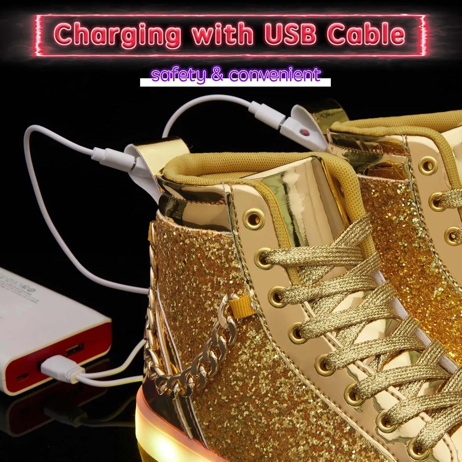 Light Up Shoes Women Men, USB Charging LED Glitter Chain Sneakers High Top Couple Dancing Shoes Halloween Glowing Flashing Luminous Trainers