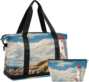 Lighthouse on Coast Gym Bag - Weekender Overnight Bags for Women Men, Sport Travel Duffel Bag with Wet Pocket & Shoe Compartment