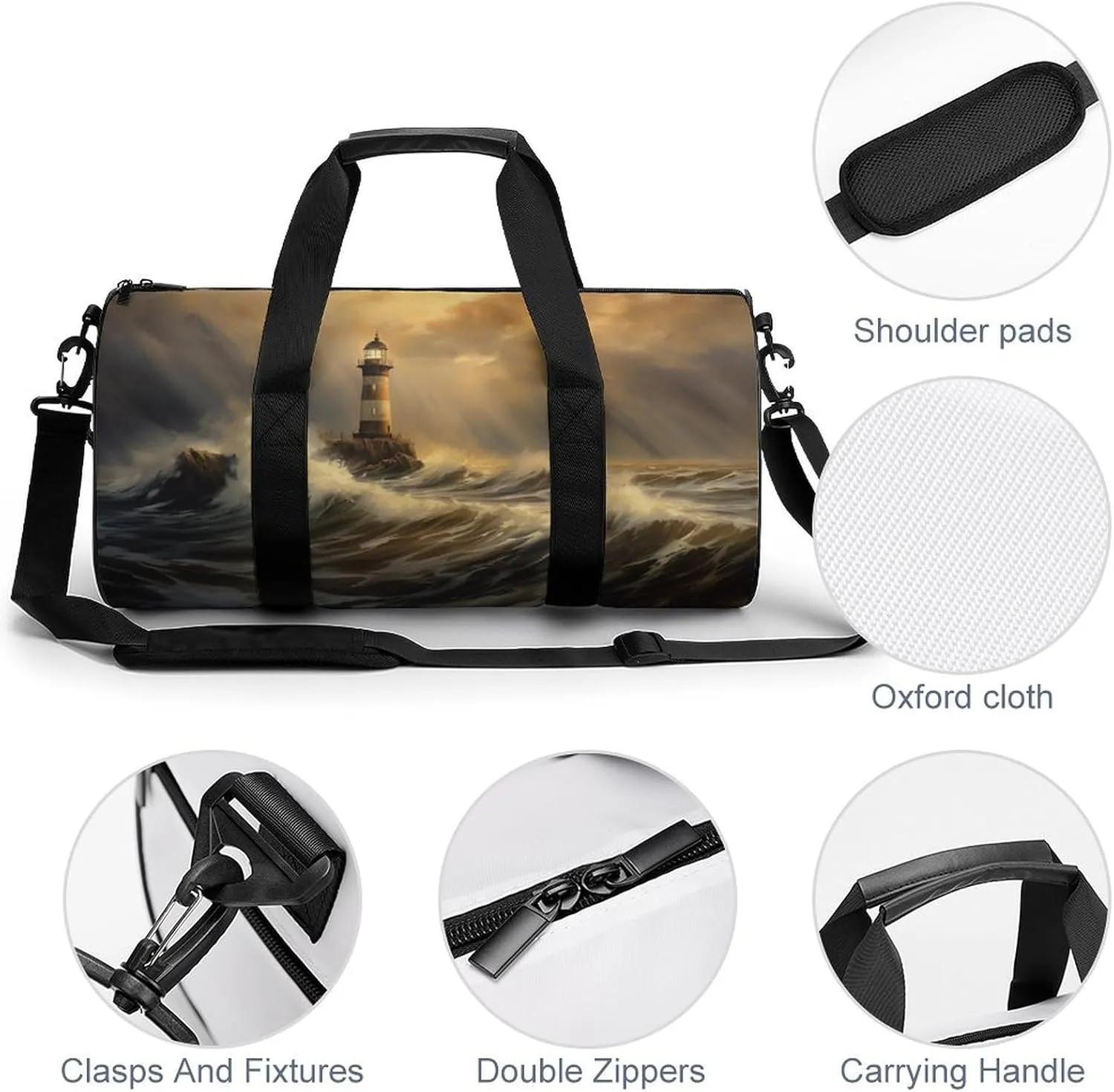 Lighthouse Standing Against Storm Travel Gym Bag for Women Men Cylindrical Duffle Bag Sport Workout Bag with Shoulder Strap