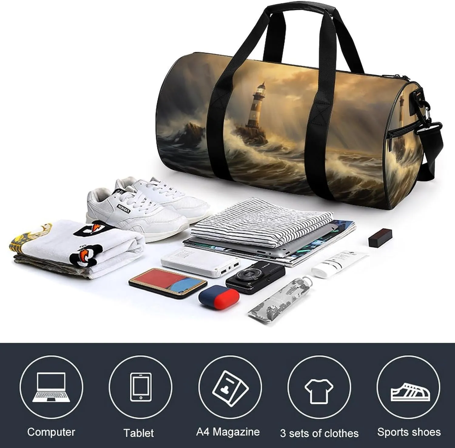 Lighthouse Standing Against Storm Travel Gym Bag for Women Men Cylindrical Duffle Bag Sport Workout Bag with Shoulder Strap