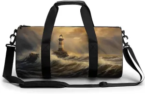 Lighthouse Standing Against Storm Travel Gym Bag for Women Men Cylindrical Duffle Bag Sport Workout Bag with Shoulder Strap