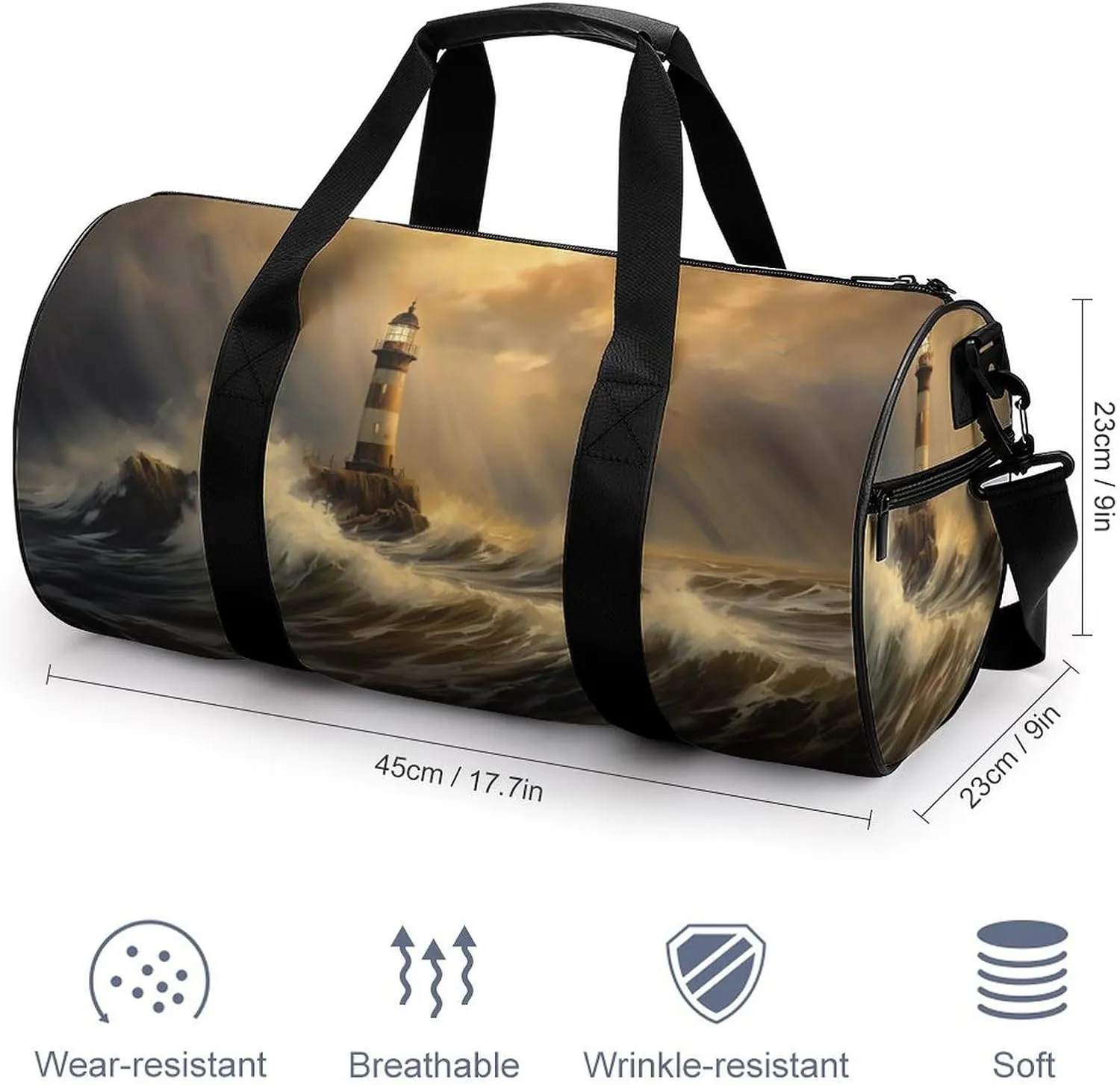 Lighthouse Standing Against Storm Travel Gym Bag for Women Men Cylindrical Duffle Bag Sport Workout Bag with Shoulder Strap