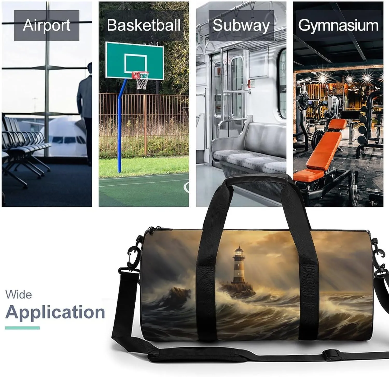 Lighthouse Standing Against Storm Travel Gym Bag for Women Men Cylindrical Duffle Bag Sport Workout Bag with Shoulder Strap