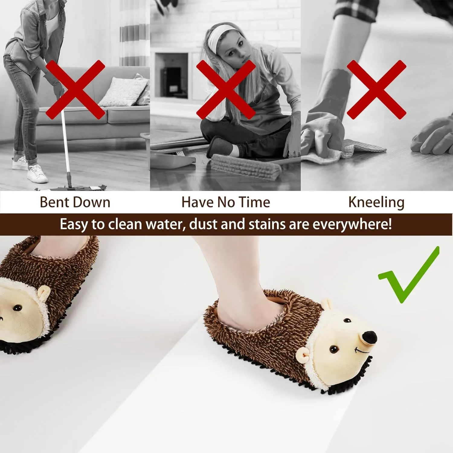 Liitrton Cartoon Hedgehog Microfiber Slippers Washable Mop Slippers for Clean Office Home Floor Dust and Hair (Women 6-7/Men 5.5)